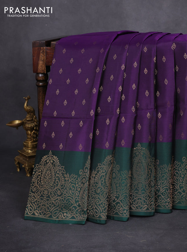 Kanchipuram soft silk saree violet and dark green with allover zari woven buttas and long zari woven border