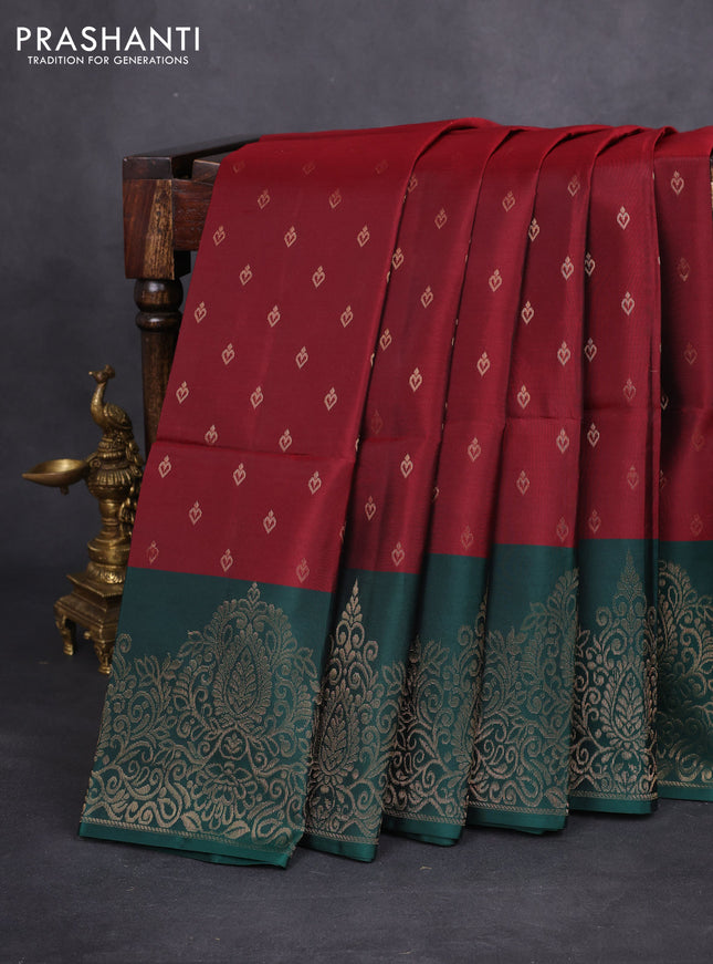 Kanchipuram soft silk saree maroon and peacock green with allover zari woven buttas and long zari woven border