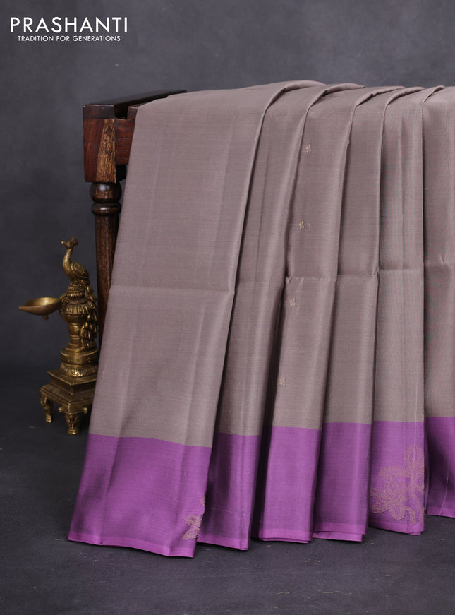 Kanchipuram soft silk saree grey and lavender shade with zari woven buttas and zari woven butta border