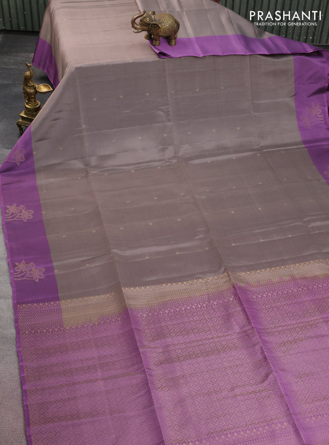 Kanchipuram soft silk saree grey and lavender shade with zari woven buttas and zari woven butta border