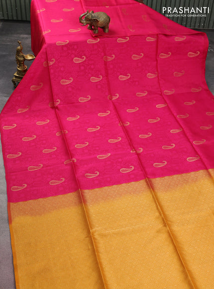 Kanchipuram soft silk saree pink and mustard yellow with allover self emboss & paisley zari buttas in borderless style