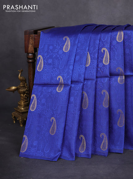 Kanchipuram soft silk saree blue and maroon with allover self emboss & paisley zari buttas in borderless style