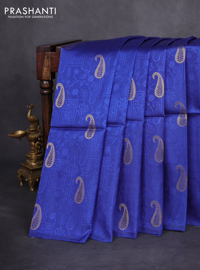 Kanchipuram soft silk saree blue and maroon with allover self emboss & paisley zari buttas in borderless style