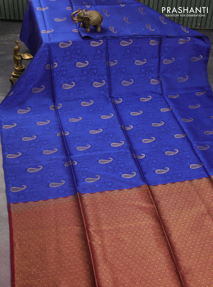Kanchipuram soft silk saree blue and maroon with allover self emboss & paisley zari buttas in borderless style