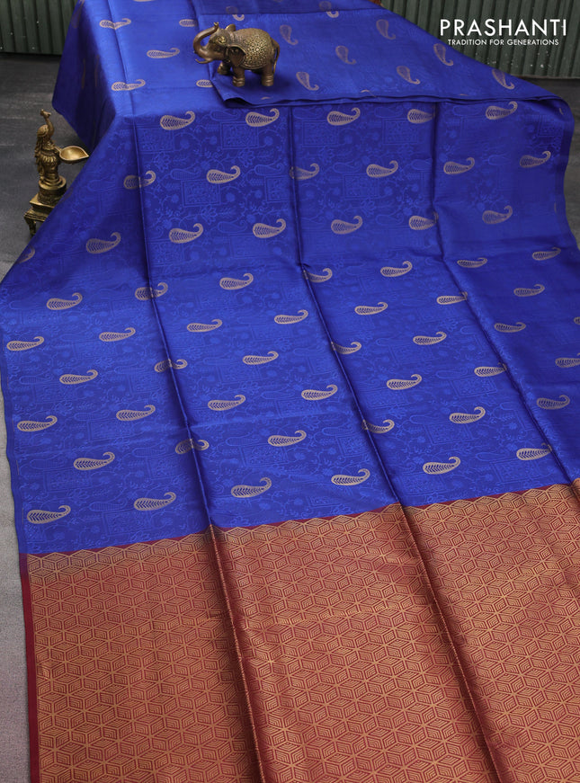 Kanchipuram soft silk saree blue and maroon with allover self emboss & paisley zari buttas in borderless style