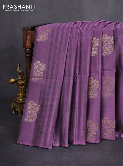 Kanchipuram soft silk saree purple shade and dark green with zari buttas & jute finish in borderless style