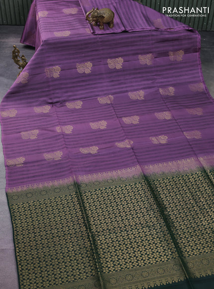 Kanchipuram soft silk saree purple shade and dark green with zari buttas & jute finish in borderless style