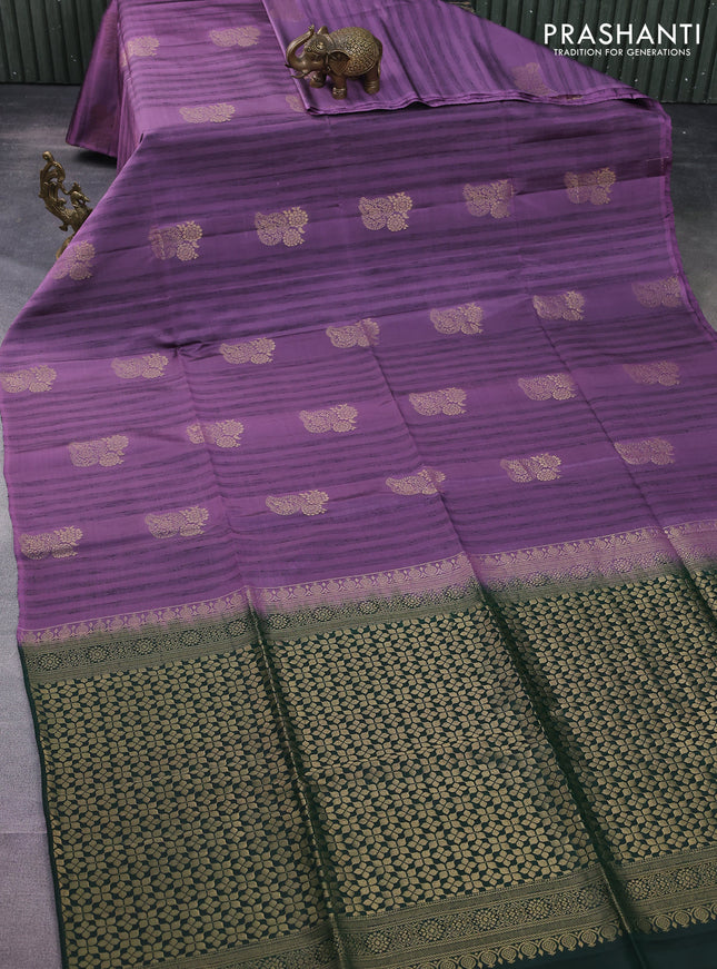 Kanchipuram soft silk saree purple shade and dark green with zari buttas & jute finish in borderless style