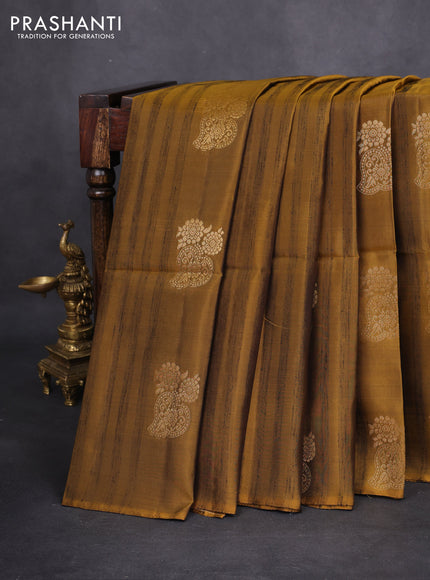 Kanchipuram soft silk saree dark mustard and dark green with zari buttas & jute finish in borderless style