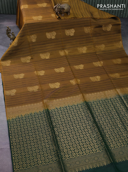 Kanchipuram soft silk saree dark mustard and dark green with zari buttas & jute finish in borderless style
