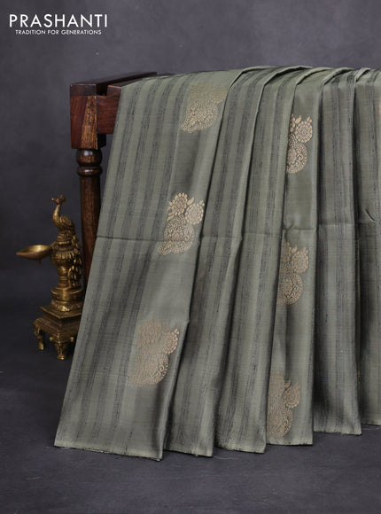 Kanchipuram soft silk saree greyish green and dark green with zari buttas & jute finish in borderless style