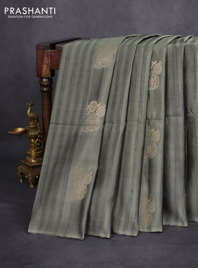 Kanchipuram soft silk saree greyish green and dark green with zari buttas & jute finish in borderless style