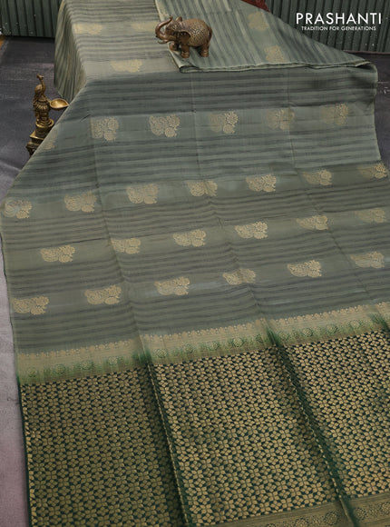Kanchipuram soft silk saree greyish green and dark green with zari buttas & jute finish in borderless style