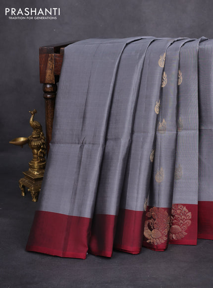 Kanchipuram soft silk saree grey and maroon with zari woven peacock buttas and zari woven butta border