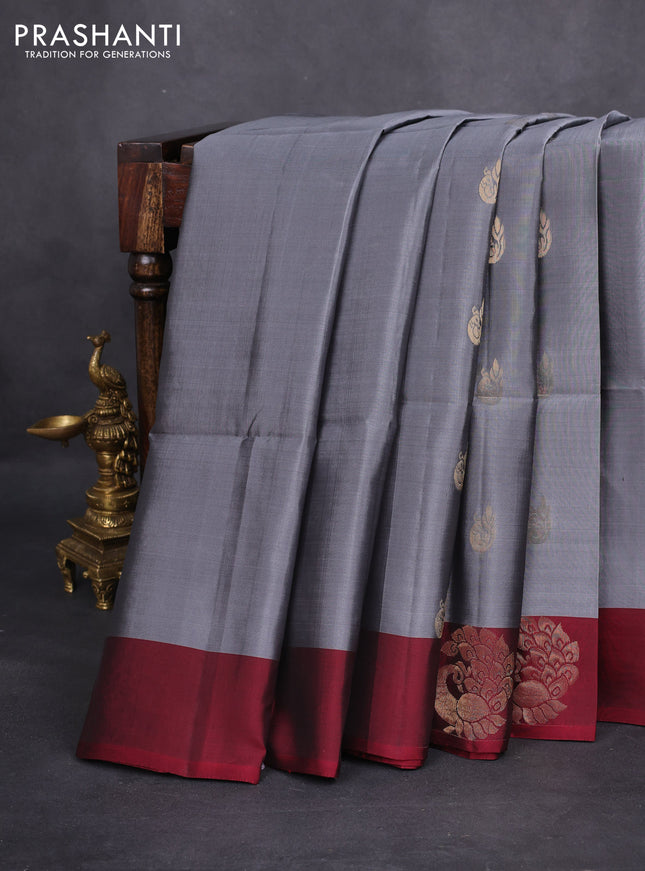 Kanchipuram soft silk saree grey and maroon with zari woven peacock buttas and zari woven butta border