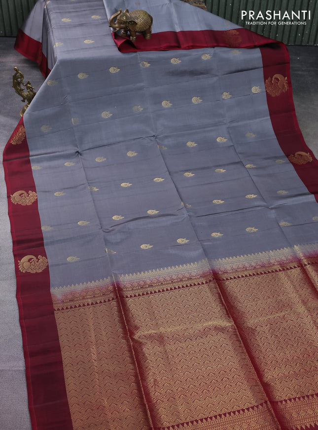 Kanchipuram soft silk saree grey and maroon with zari woven peacock buttas and zari woven butta border