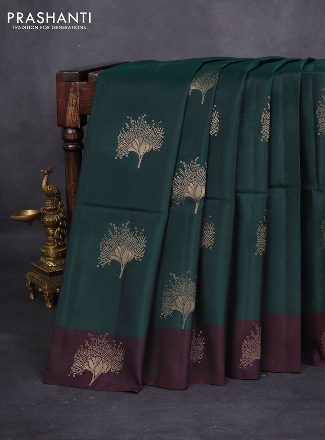 Kanchipuram soft silk saree bottle green and deep maroon with zari woven buttas and zari woven butta border