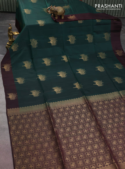 Kanchipuram soft silk saree bottle green and deep maroon with zari woven buttas and zari woven butta border