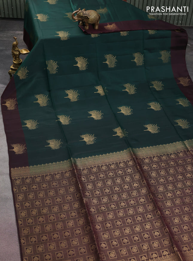 Kanchipuram soft silk saree bottle green and deep maroon with zari woven buttas and zari woven butta border