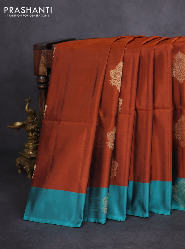 Kanchipuram soft silk saree rust shade and teal green with zari woven buttas and zari woven butta border