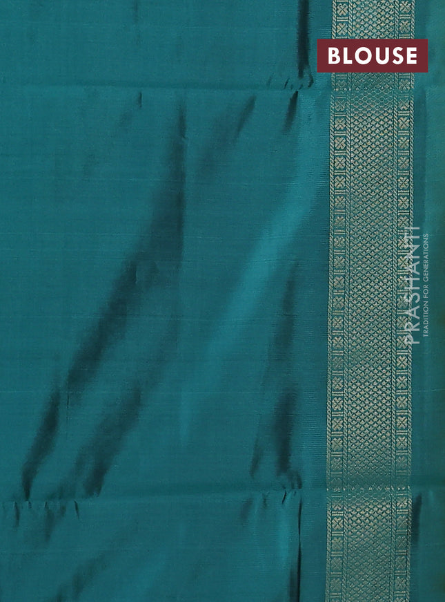 Kanchipuram soft silk saree rust shade and teal green with zari woven buttas and zari woven butta border