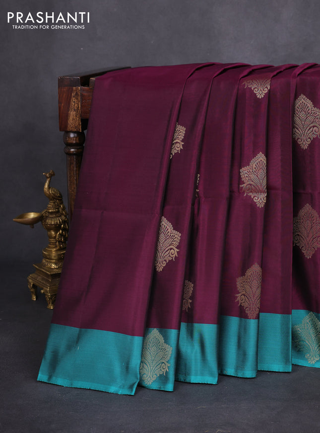 Kanchipuram soft silk saree wine shade and teal green with zari woven buttas and zari woven butta border