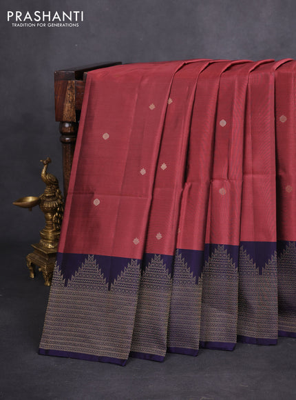 Kanchipuram soft silk saree pastel maroon and dark blue with zari woven buttas and temple zari woven border