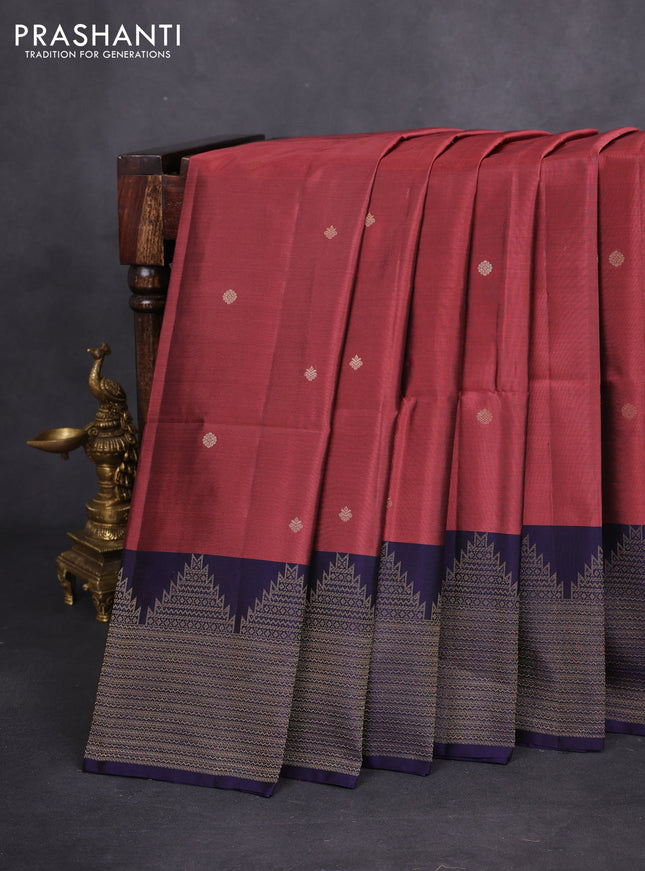 Kanchipuram soft silk saree pastel maroon and dark blue with zari woven buttas and temple zari woven border
