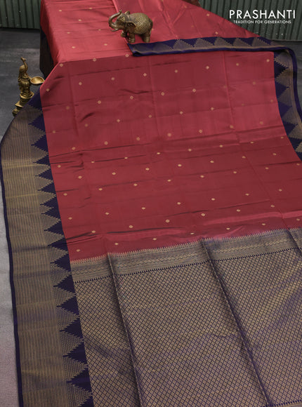 Kanchipuram soft silk saree pastel maroon and dark blue with zari woven buttas and temple zari woven border