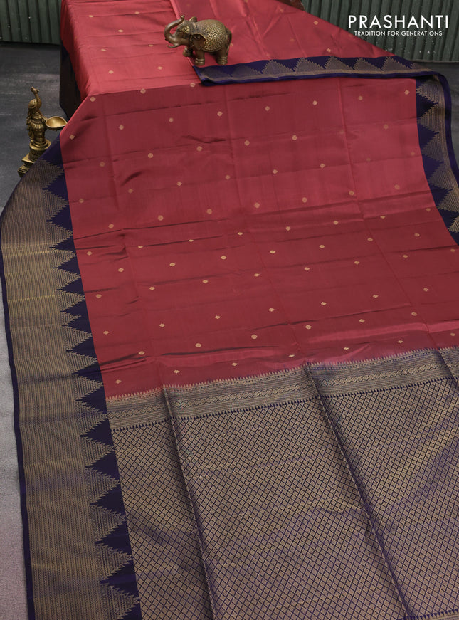 Kanchipuram soft silk saree pastel maroon and dark blue with zari woven buttas and temple zari woven border