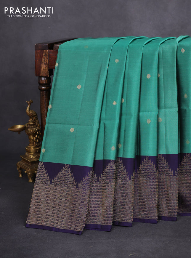 Kanchipuram soft silk saree teal green and dark blue with zari woven buttas and temple zari woven border