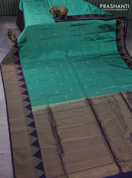 Kanchipuram soft silk saree teal green and dark blue with zari woven buttas and temple zari woven border