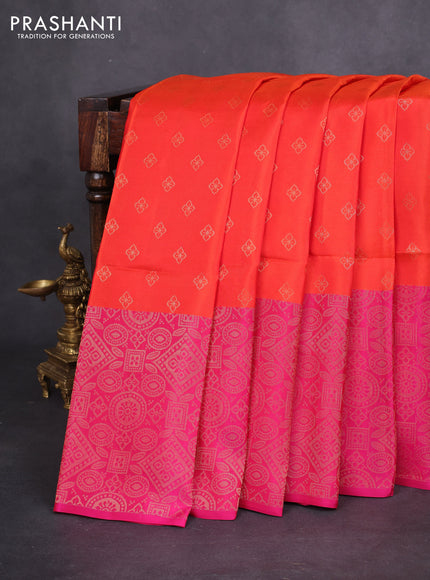 Kanchipuram soft silk saree orange and pink with allover zari woven buttas and long zari woven border