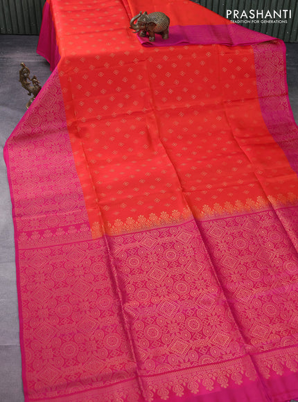 Kanchipuram soft silk saree orange and pink with allover zari woven buttas and long zari woven border