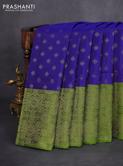 Kanchipuram soft silk saree blue and mehendi green with allover zari woven buttas and long zari woven border