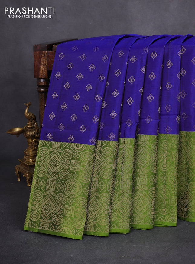 Kanchipuram soft silk saree blue and mehendi green with allover zari woven buttas and long zari woven border