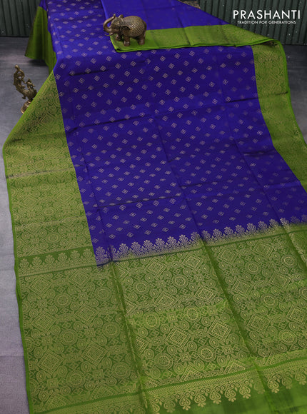 Kanchipuram soft silk saree blue and mehendi green with allover zari woven buttas and long zari woven border
