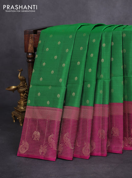 Kanchipuram soft silk saree green and purple with allover zari woven buttas and long zari woven border