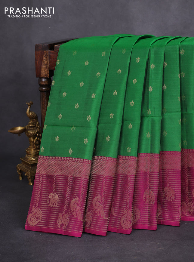 Kanchipuram soft silk saree green and purple with allover zari woven buttas and long zari woven border