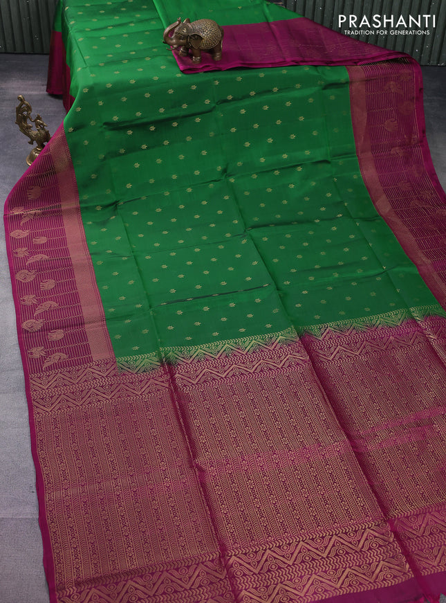 Kanchipuram soft silk saree green and purple with allover zari woven buttas and long zari woven border