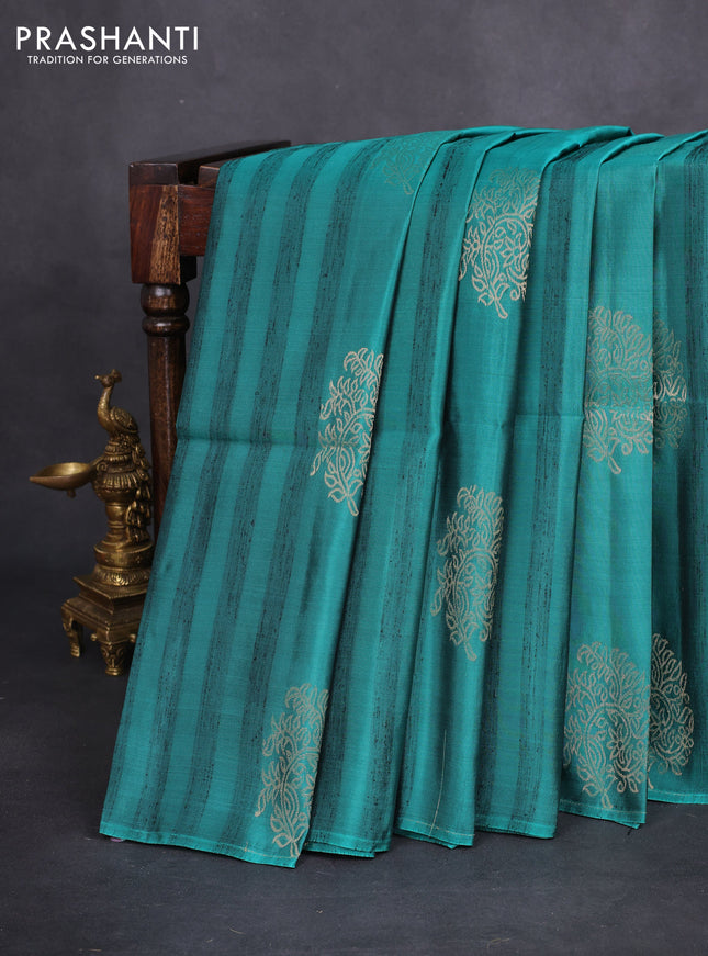 Kanchipuram soft silk saree teal green and pastel brown with zari buttas & jute finish in borderless style