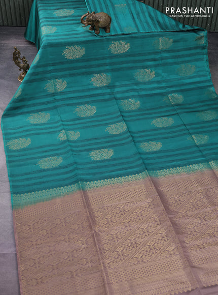Kanchipuram soft silk saree teal green and pastel brown with zari buttas & jute finish in borderless style