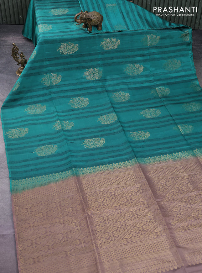 Kanchipuram soft silk saree teal green and pastel brown with zari buttas & jute finish in borderless style