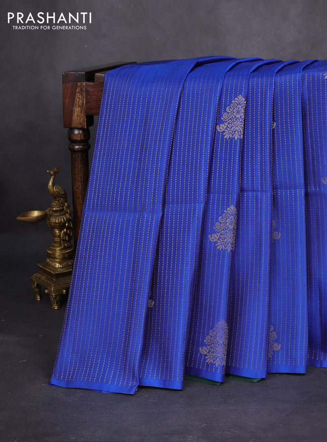 Kanchipuram soft silk saree blue and green with allover zari weaves & buttas in borderless style