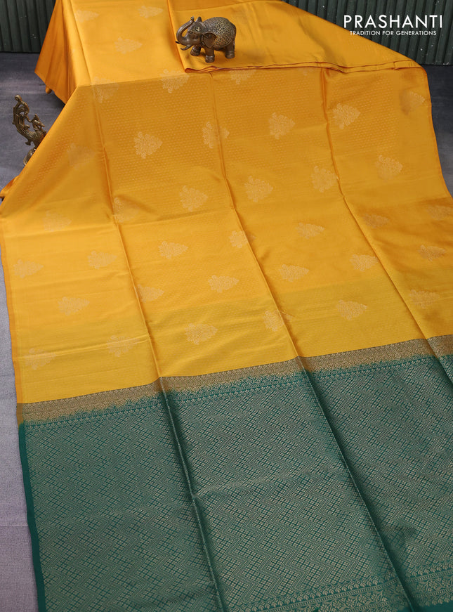 Kanchipuram soft silk saree yellow and dark green with allover zari weaves & buttas in borderless style