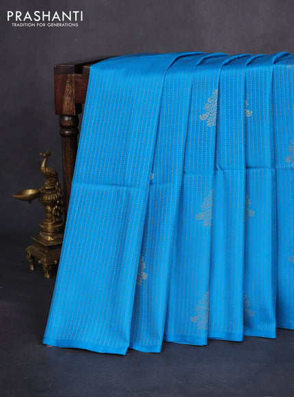 Kanchipuram soft silk saree cs blue and dark green with allover zari weaves & buttas in borderless style