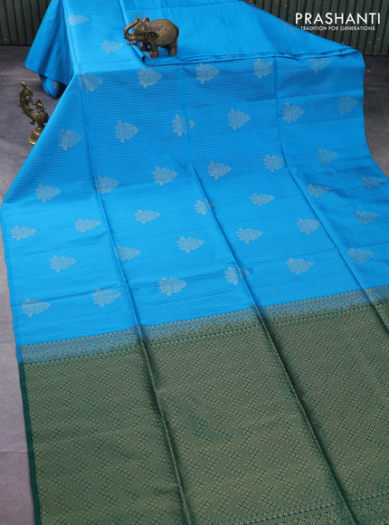 Kanchipuram soft silk saree cs blue and dark green with allover zari weaves & buttas in borderless style
