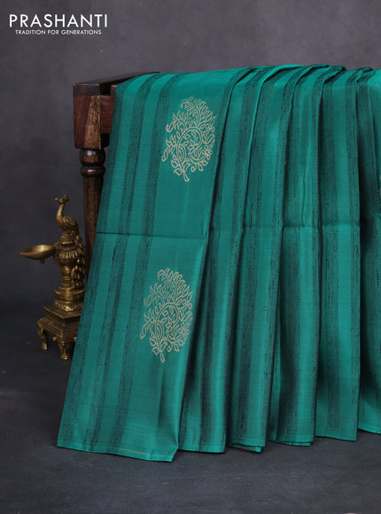 Kanchipuram soft silk saree peacock green and pastel brown with zari buttas & jute finish in borderless style