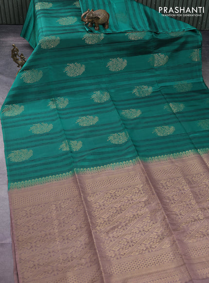 Kanchipuram soft silk saree peacock green and pastel brown with zari buttas & jute finish in borderless style