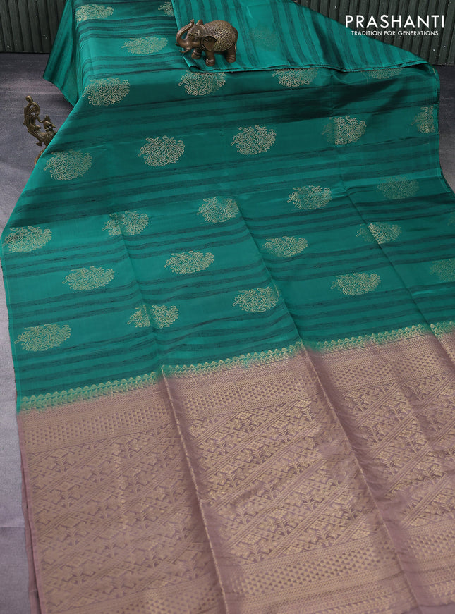 Kanchipuram soft silk saree peacock green and pastel brown with zari buttas & jute finish in borderless style